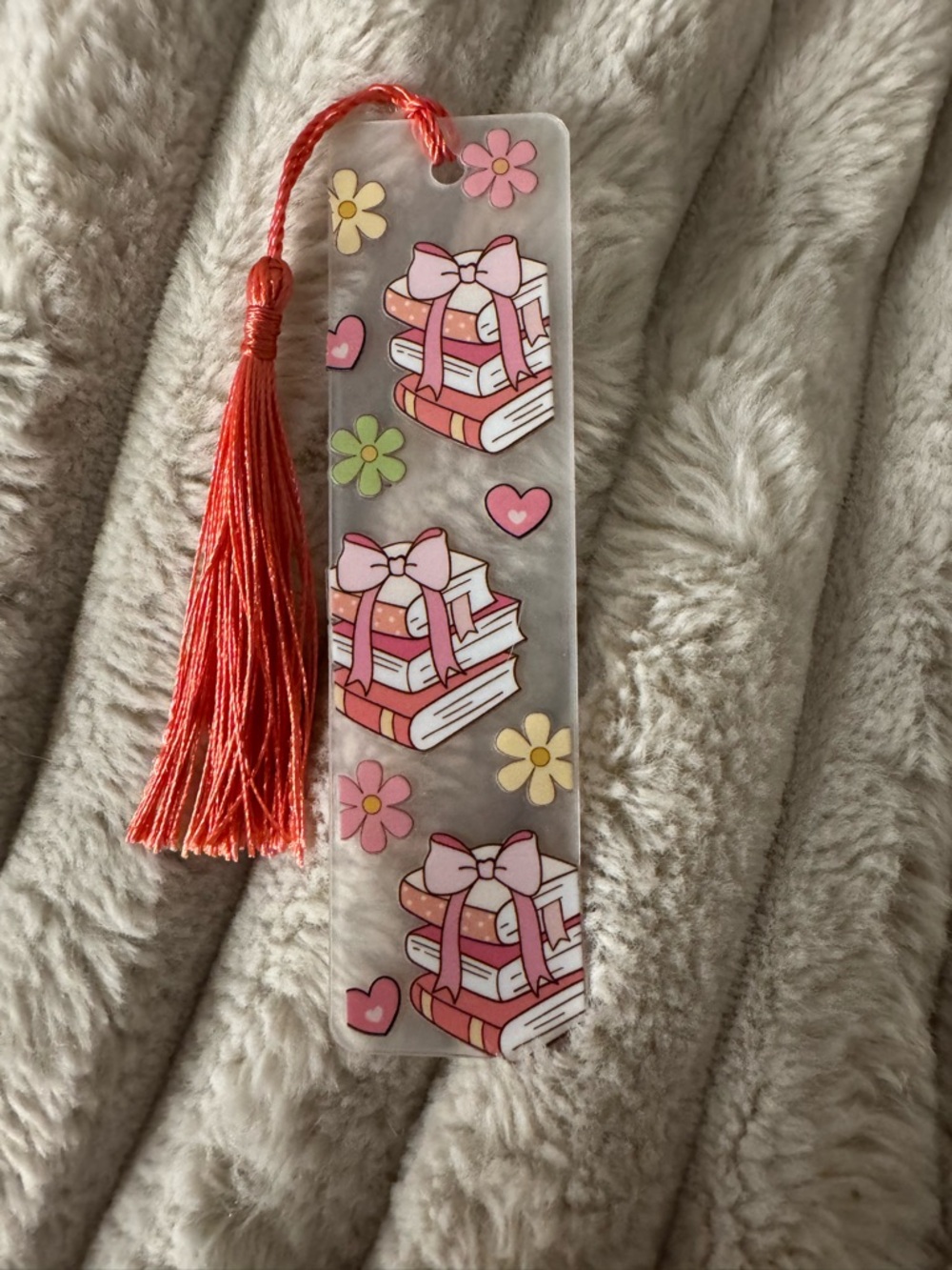 Pink Book Stack Tassel Bookmark — Cute Floral Design